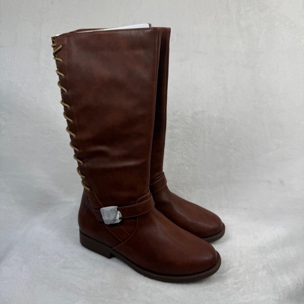 Sugar Brown Faux Leather Lace Up Back Leopard Print Knee High Boots Size 5